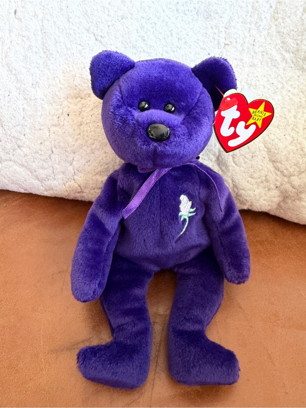 Ty Princess NWT Purple Velvet Bear with White Embroidered Rose
